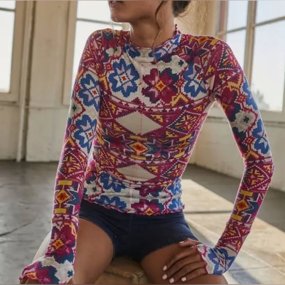 Free People Movement Printed High Jump Mock Neck Long Sleeve Top Size Small